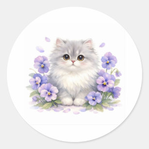 Adesivo Gatinho Fofo em Aquarela com Flores de Pansy Roxas