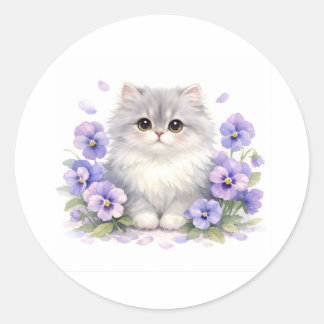 Adesivo Gatinho Fofo em Aquarela com Flores de Pansy Roxas