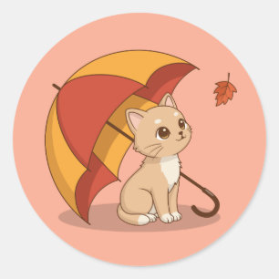 Adesivo Gatinho Fofo Gato Vermelho Amarelo Guarda-chuva Qu