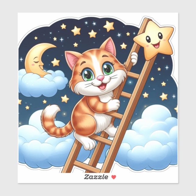 Adesivo Gatinho Fofo Sobe Escada para a Lua  (Folha)