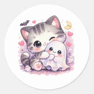 Adesivo Gatinho Kawaii Abraçando Fantasma