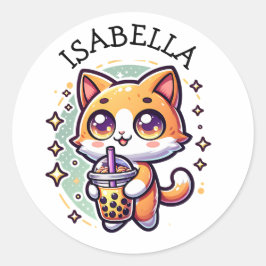 Adesivo Gatinho Kawaii Bonito com Chá de Bolha Personaliza
