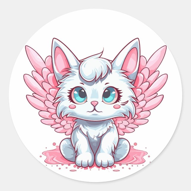 Adesivo Gatinho Kawaii Branco e Bonito com Asas Rosa (Frente)