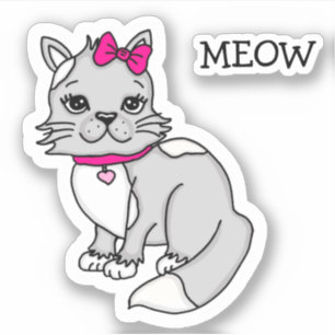 Adesivo Gatinho Malhado de Cinza e Branco com Laço Rosa