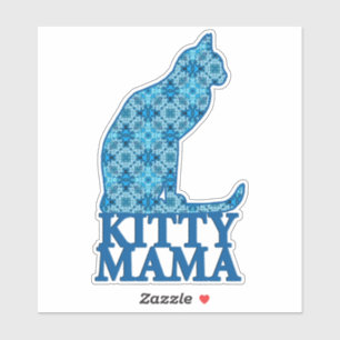 Adesivo Gatinho Mama Sentada Gato no Padrão Azul Denim