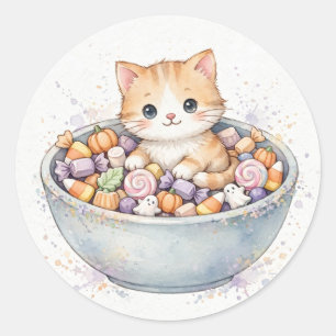 Adesivo Gatinho na Tigela de Doces de Halloween
