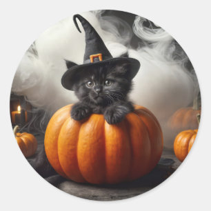 Adesivo Gatinho Preto de Halloween em Abóbora