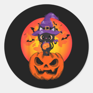 Adesivo Gatinho Preto do Halloween Chapéu de Bruxa Abóbora
