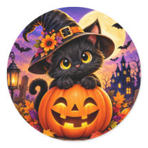 Gatinho Preto Fofo Abóbora de Halloween Bruxa Chap