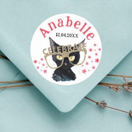 Adesivo Gatinho Preto Fofo com Brilho Vermelho e Dourado E