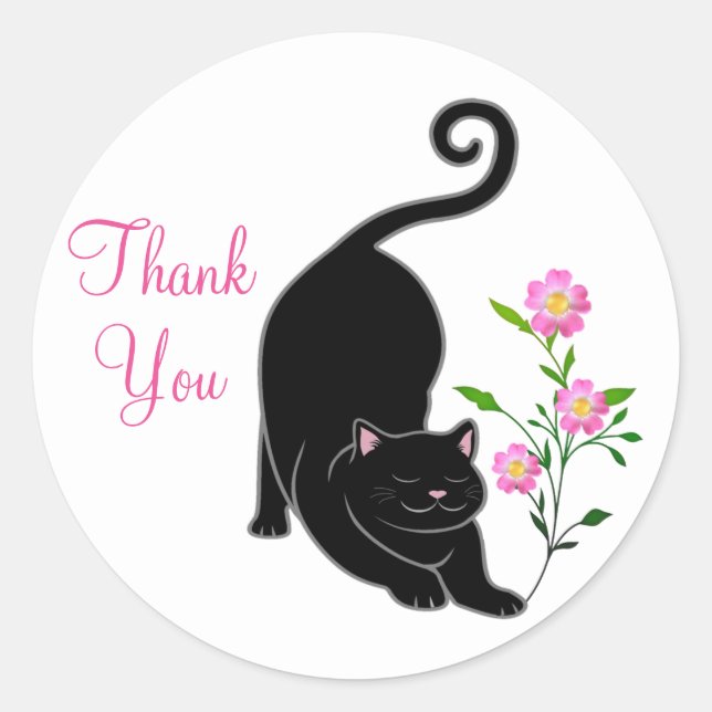 Adesivo Gatinho preto fofo com flores Obrigado (Frente)