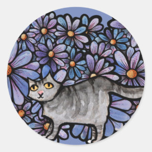 Adesivo Gatinho Roxo Margaridas Cinza Arte de Gato Cinza