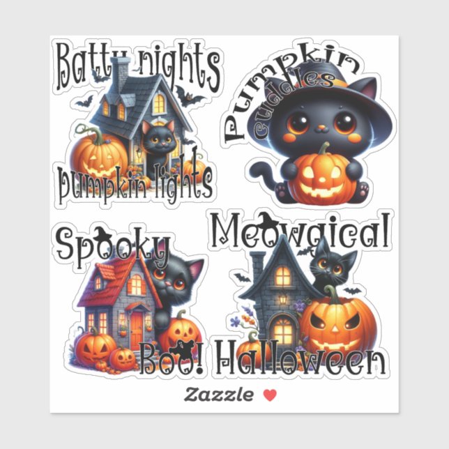 Adesivo Gatinhos de Halloween e Pumpkins Sticker (Folha)