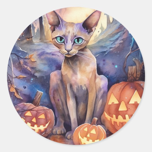 Adesivo Gato Abissínio de Halloween com Abóboras Assustado (Frente)