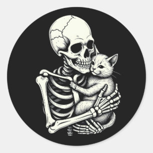 Adesivo Gato Abraçando Esqueleto Feliz Dia das Bruxas Aman