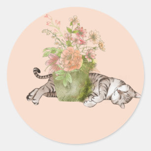 Adesivo Gato Adormecido no Jardim Rosa e Verde