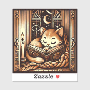 Adesivo Gato Antigo Estilo Art Déco Dormindo Com Um Livro