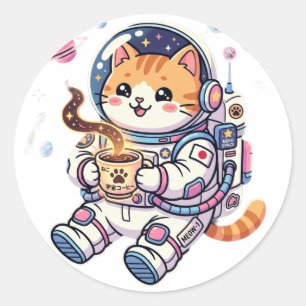 Adesivo Gato Astronauta Fofo Bebendo Café Clássico Redondo