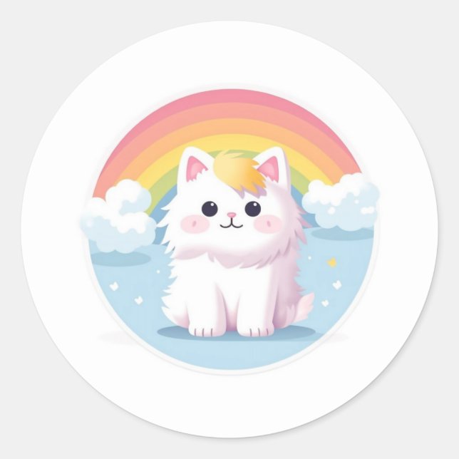 Adesivo Gato bonito com arco-íris e nuvens (Frente)