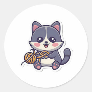 Adesivo Gato bonito com camiseta Clássica de Yarn