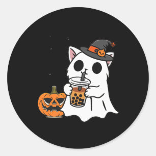 Adesivo Gato Bonito De Halloween No Fantasma Bebendo Boba