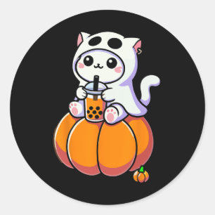 Adesivo Gato Bonito De Halloween No Fantasma Bebendo Boba