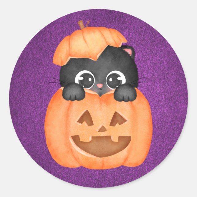 Adesivo Gato Bonito num Halloween Pumpkin Roxo (Frente)