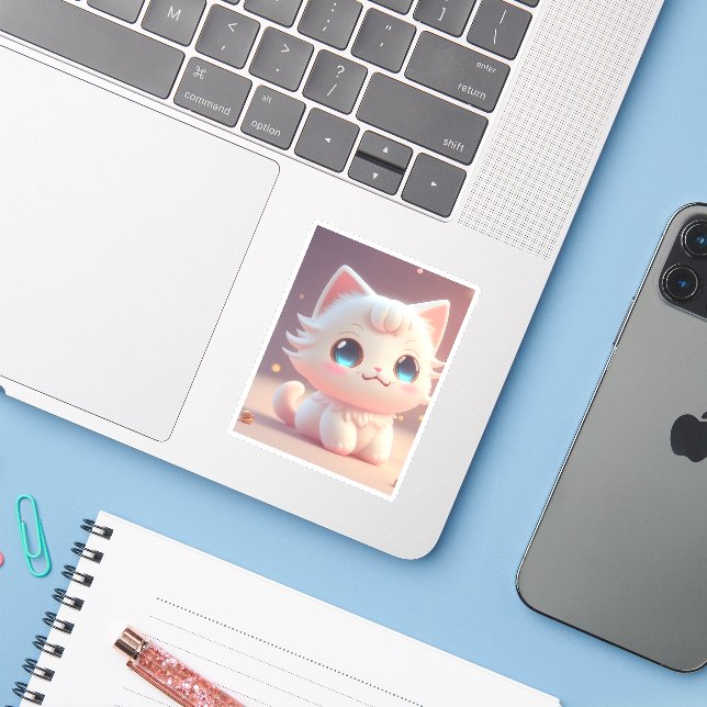 Adesivo Gato Branco Bonito Kawaii Fluffy (Notebook com iPhone)
