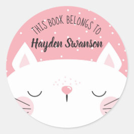 Adesivo Gato Branco e Rosa | Este Livro Pertence A