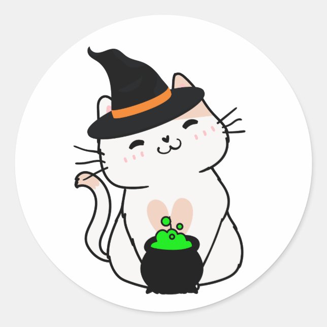 Adesivo Gato branco engraçado é uma bruxa (Frente)