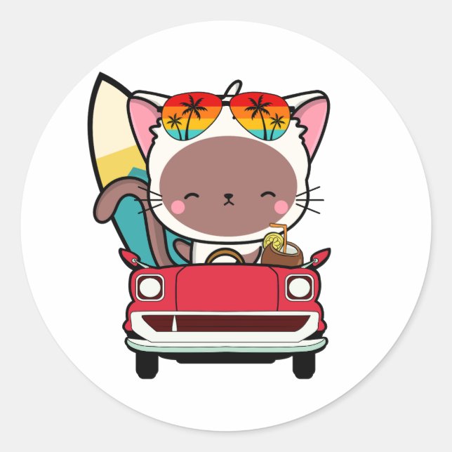 Adesivo Gato branco engraçado está dirigindo para a praia (Frente)