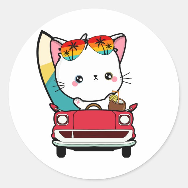 Adesivo Gato branco engraçado está dirigindo para a praia (Frente)