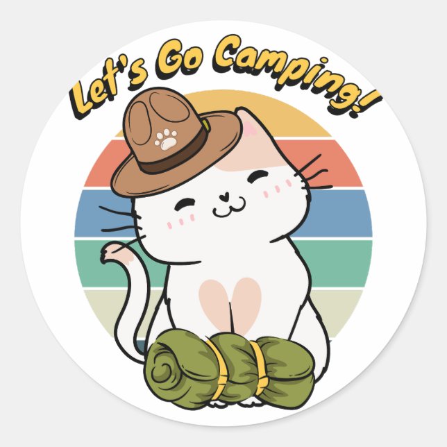 Adesivo Gato branco engraçado quer ir acampar (Frente)