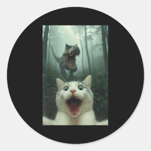 Adesivo Gato Branco Engraçado Selfie Com Dinossauro T-rex,
