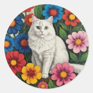 Adesivo Gato Branco Fofinho e Flores da Arte Folclórica