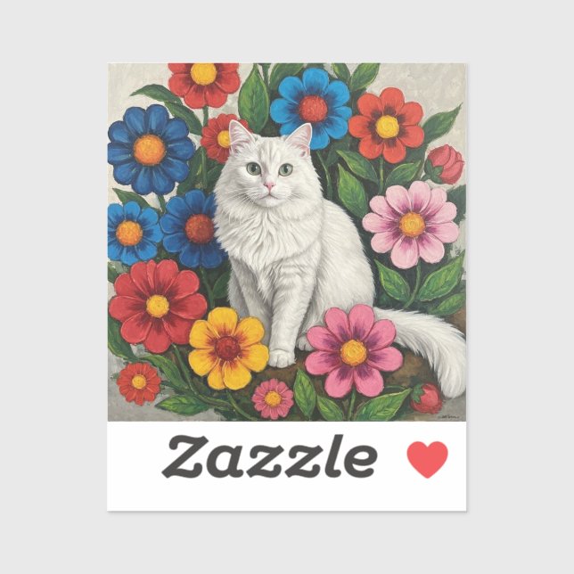 Adesivo Gato Branco Fofinho e Flores da Arte Popular (Folha)