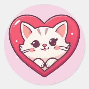Adesivo Gato Branco Fofo com Coração Desenho de Kawaii Kit
