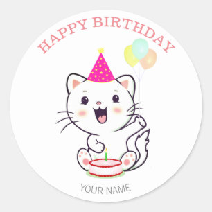 Adesivo Gato Branco Fofo e Feliz com Balões de Aniversário