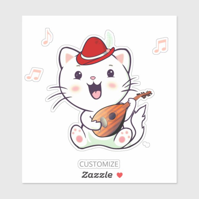 Adesivo Gato Branco Musical Fofo com Bandolim (Folha)