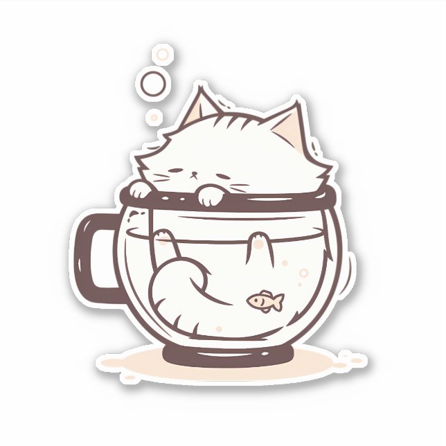 Adesivo Gato branco simples e engraçado numa taça (Frente)