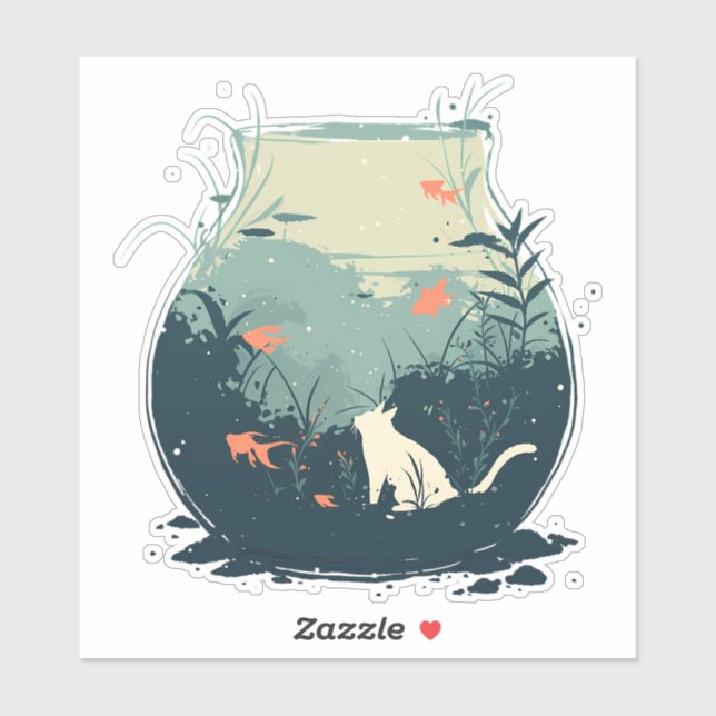 Adesivo Gato Branco Whimsso Dentro a Fishbowl (Folha)