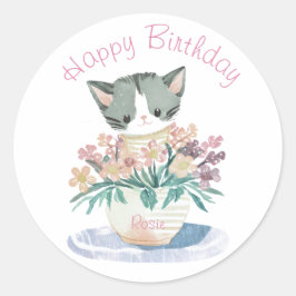 Adesivo Gato Brincando Em Flores | Nome de Aniversário das