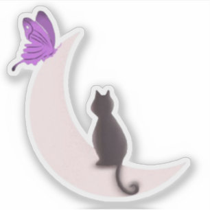 Adesivo Gato Celestial Estético e Borboleta Roxa Lua 