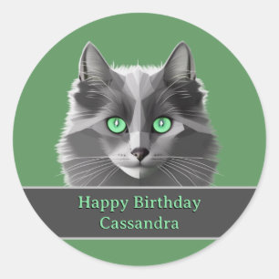 Adesivo Gato Cinza Fofo e Mensagem de Aniversário ou Ocasi