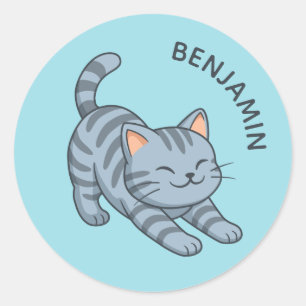 Adesivo Gato Cinza Listrado Esticado Nome Personalizado Az
