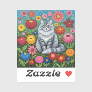 Adesivo Gato Cinza Listrado Fofo com Flores da Arte Folcló