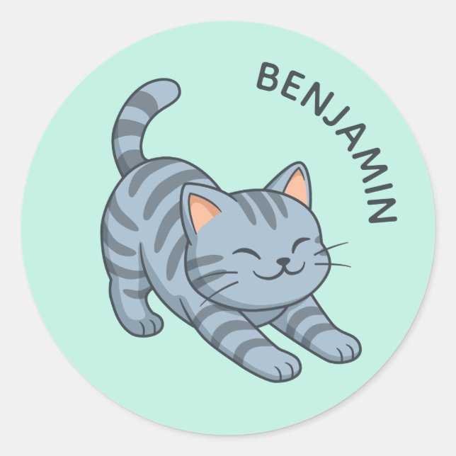Adesivo Gato Cinza Tabby Esticado Nome Personalizado Verde (Frente)