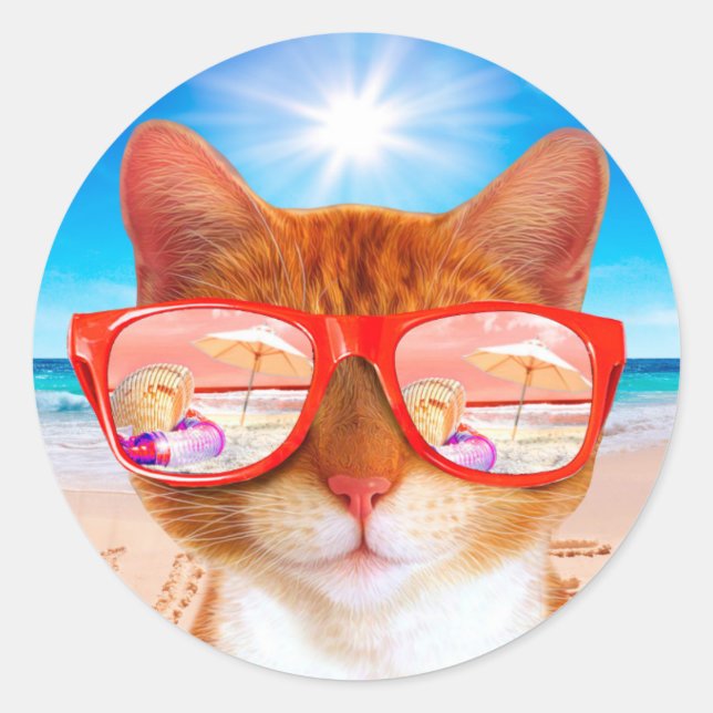 Adesivo Gato com óculos de sol na praia (Frente)