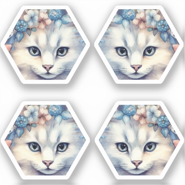 Adesivo Gato com pelo branco lindas flores rosa e azul (Frente)