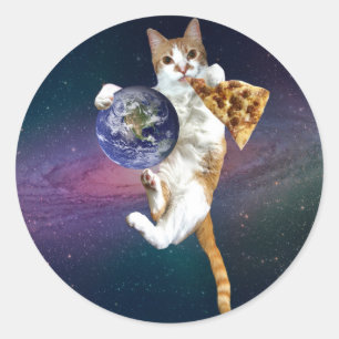 Adesivo Gato com planeta e comendo pizza